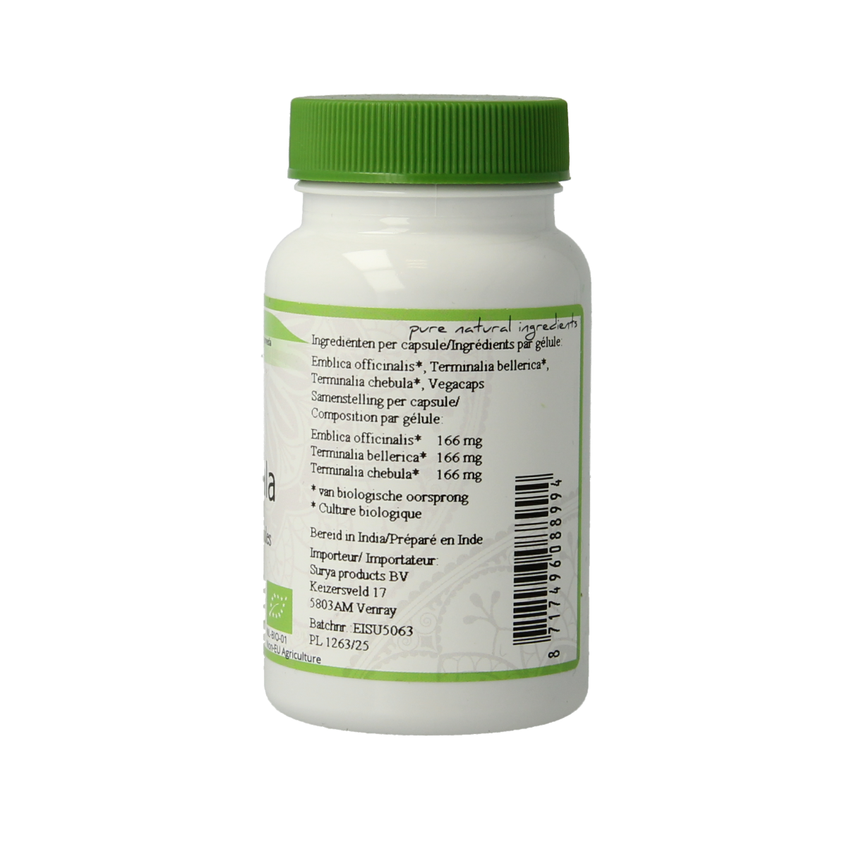 Surya Bio Triphala vegetarian capsules, herbal supplement in a white bottle with label, designed for digestive health.