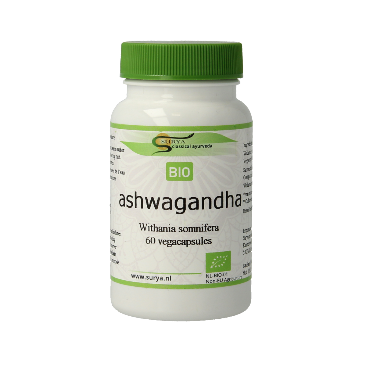 Surya Aswagandha bio capsules in a clear bottle, showing 60 capsules of herbal supplement for wellness.