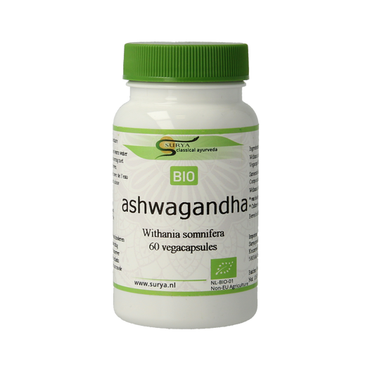 Surya Aswagandha bio capsules in a clear bottle, showing 60 capsules of herbal supplement for wellness.
