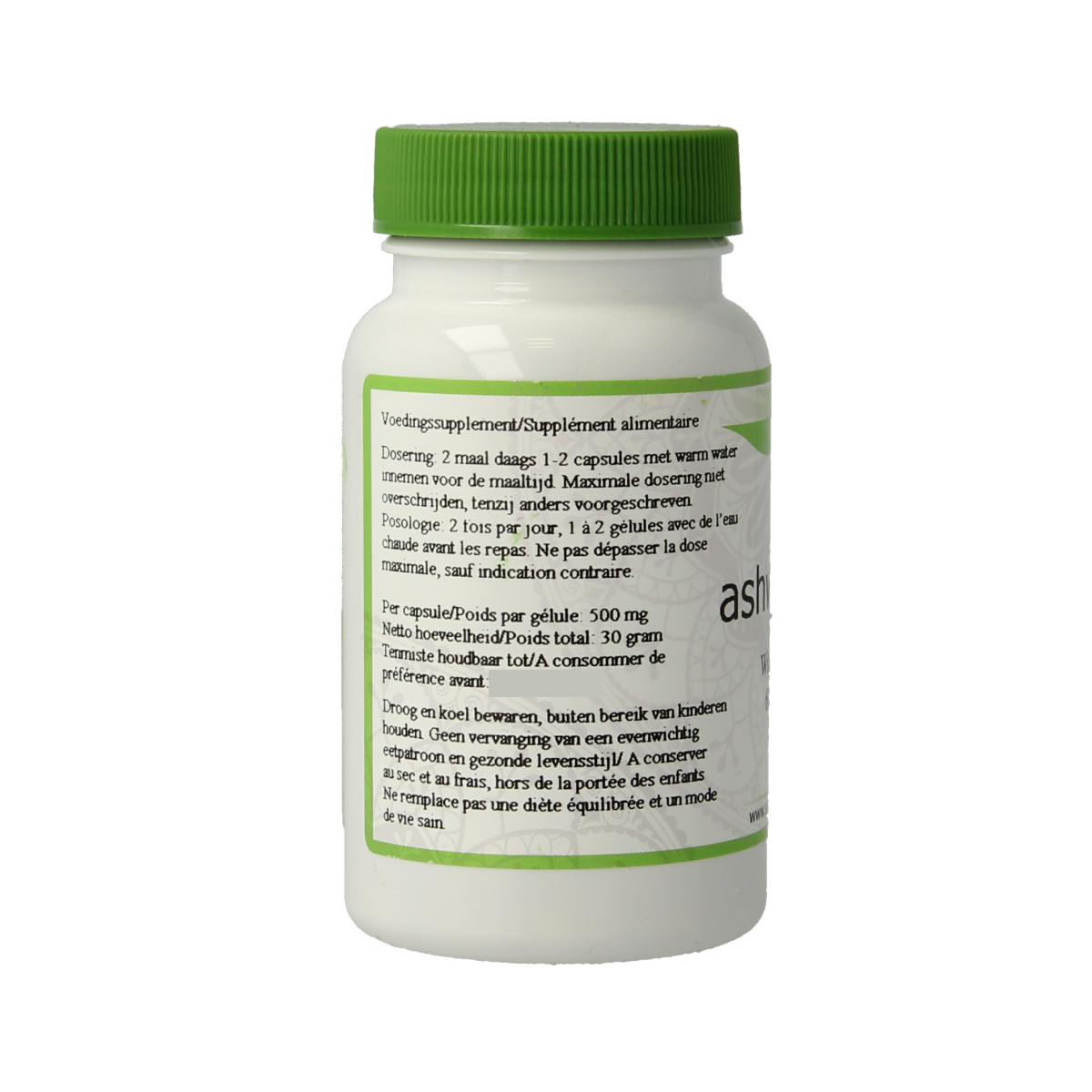 Surya Aswagandha bio capsules in a container, herbal supplement for wellness, natural kruidenpreparaten product.
