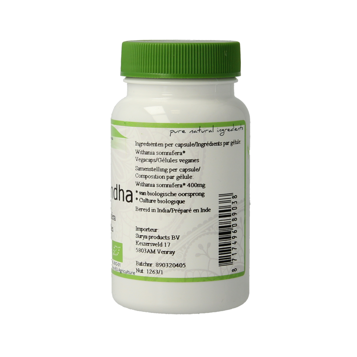 Surya Aswagandha bio capsules in a bottle, herbal supplement from Kruidenpreparaten, natural herbal health product.