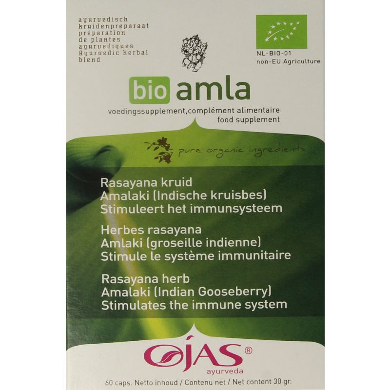 Ojas Amla bio 60 capsules in a bottle, herbal supplement from Kruidenpreparaten brand, with supplement label visible.