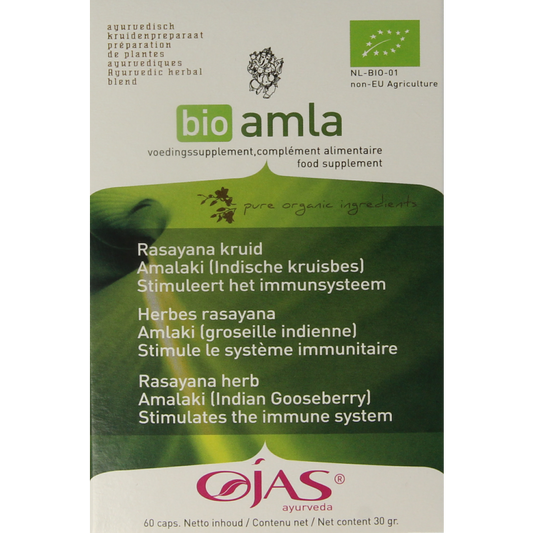 Ojas Amla bio 60 capsules in a bottle, herbal supplement from Kruidenpreparaten brand, with supplement label visible.