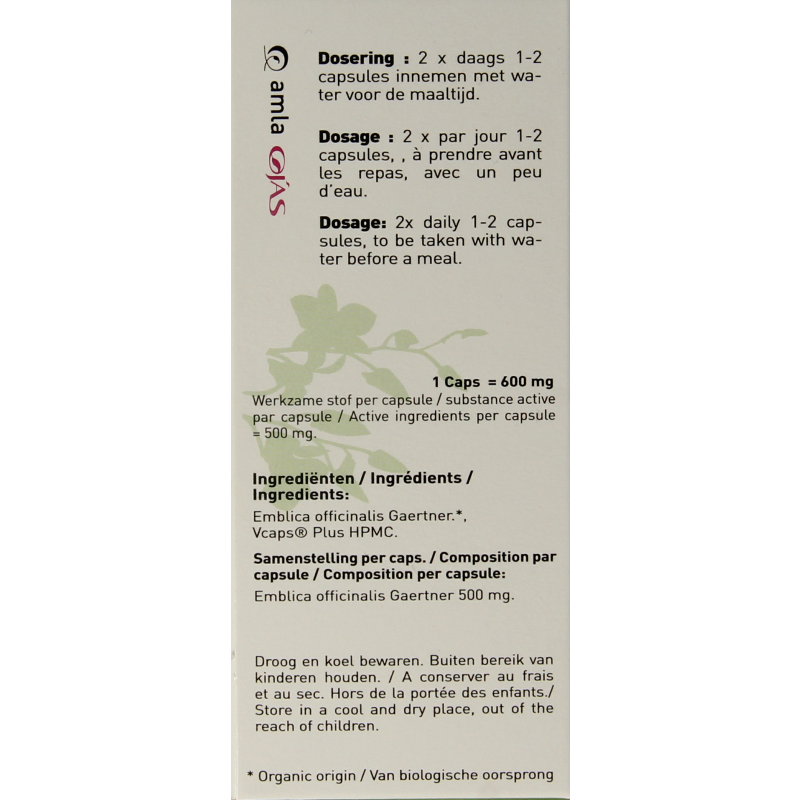 Ojas Amla bio 60 capsules in a bottle, natural herbal supplement from Ojas, featuring green capsules and a white label.