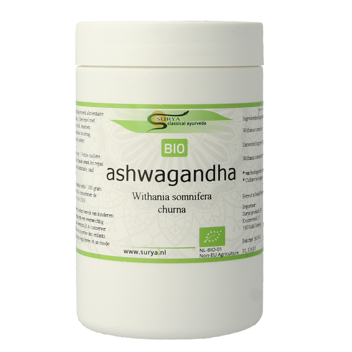 Surya Ashwagandha churna bio 100g, organic herbal powder in a clear jar, used for traditional herbal remedies.
