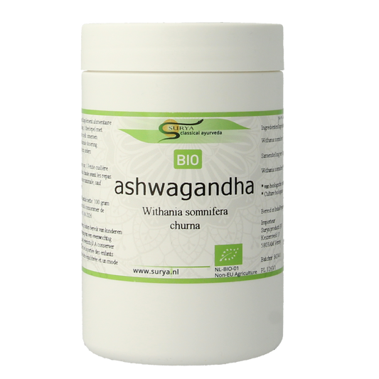 Surya Ashwagandha churna bio 100g, organic herbal powder in a clear jar, used for traditional herbal remedies.