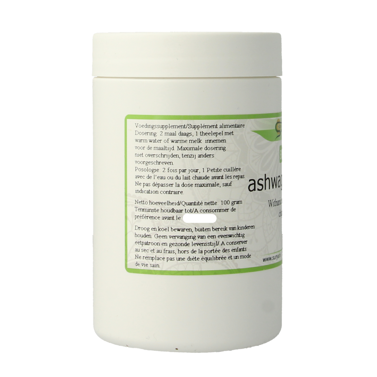 Surya Ashwagandha churna bio 100g, organic herbal powder from Surya, shown in a clear container with dried ashwagandha roots.