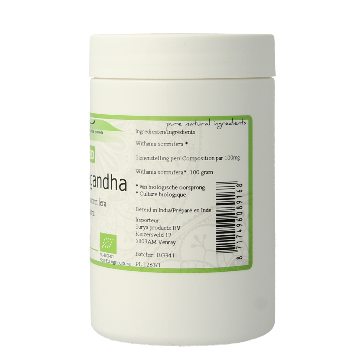 Surya Ashwagandha Churna Bio 100g, organic herbal powder for wellness, in a clear plastic container with a label.
