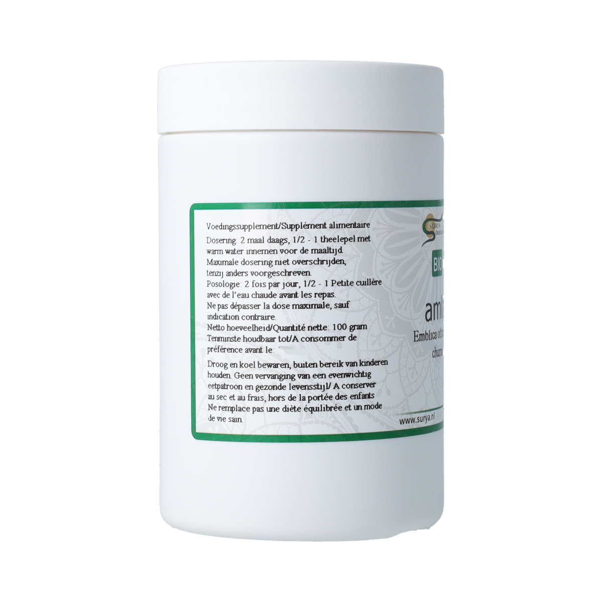 Surya Amla Churna bio in 100g, natural herbal powder from Surya, shown in a resealable pouch with Amla fruit images.