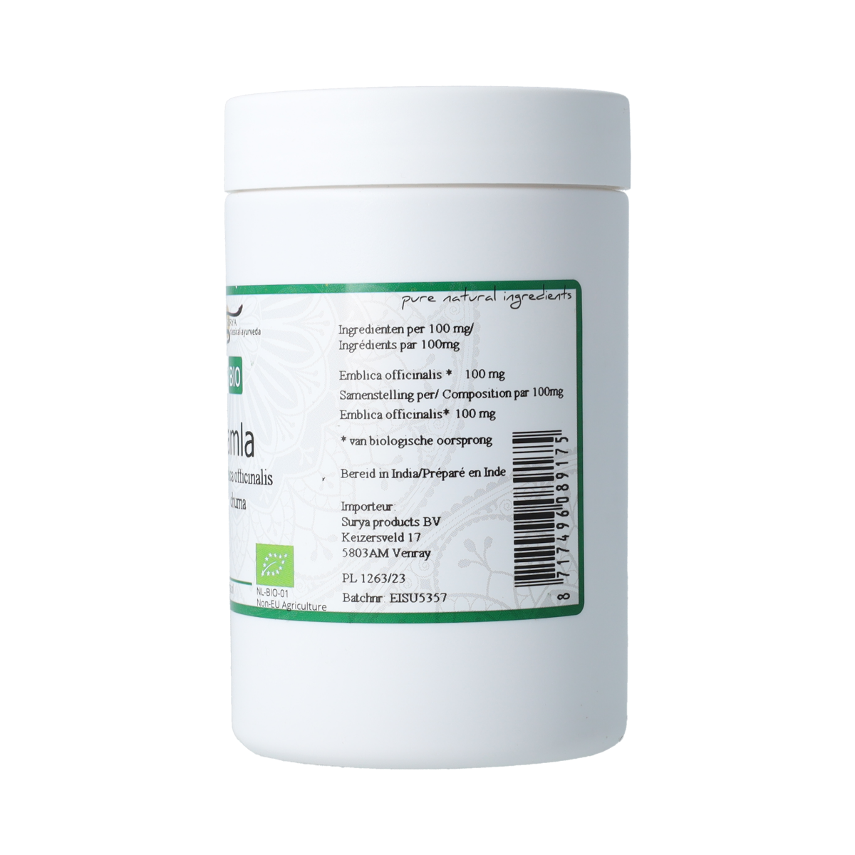 Surya Amla churna bio 100g in a white container, showing the herbal powder used in natural health and wellness preparations.