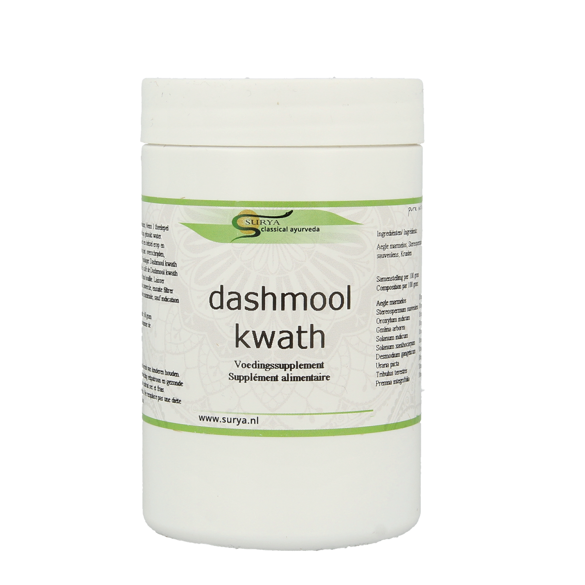 Surya Dashmool Kwath herbal preparation in a 60g container, showcasing traditional Kruidenpreparaten from Surya.