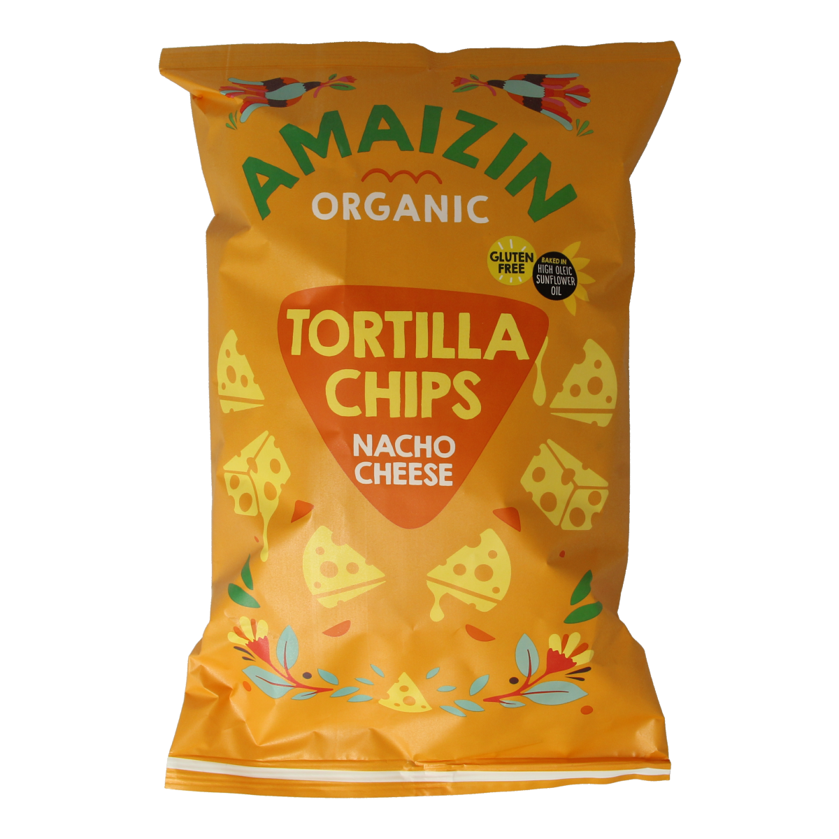Amaizin Corn Chips Nacho Bio 150g, showing crispy corn chips with a golden color and salty seasoning.
