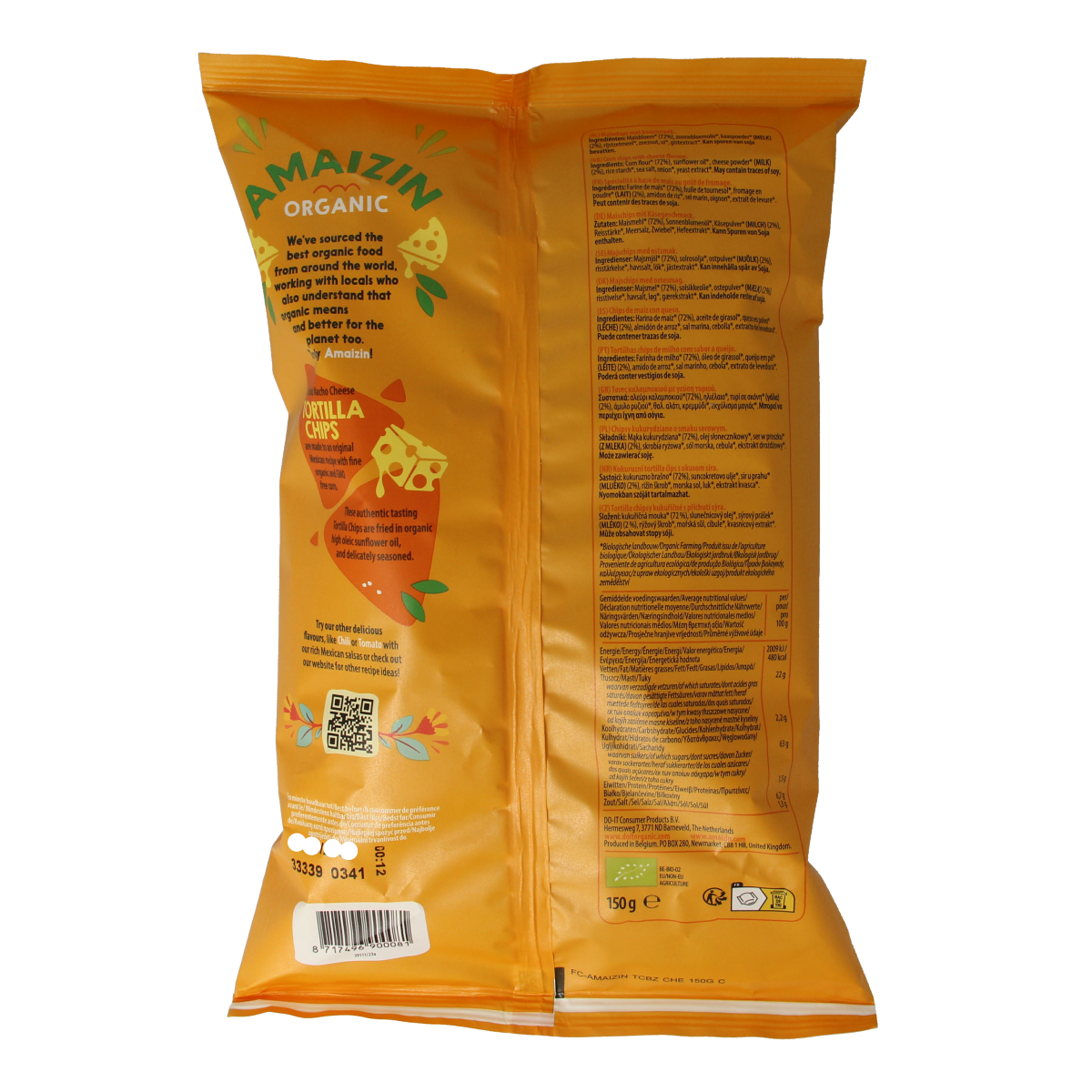 Organic Amaizin Corn Chips Nacho Zoutjes in a 150g bag, crispy corn snack with salted flavor, perfect for snacking.
