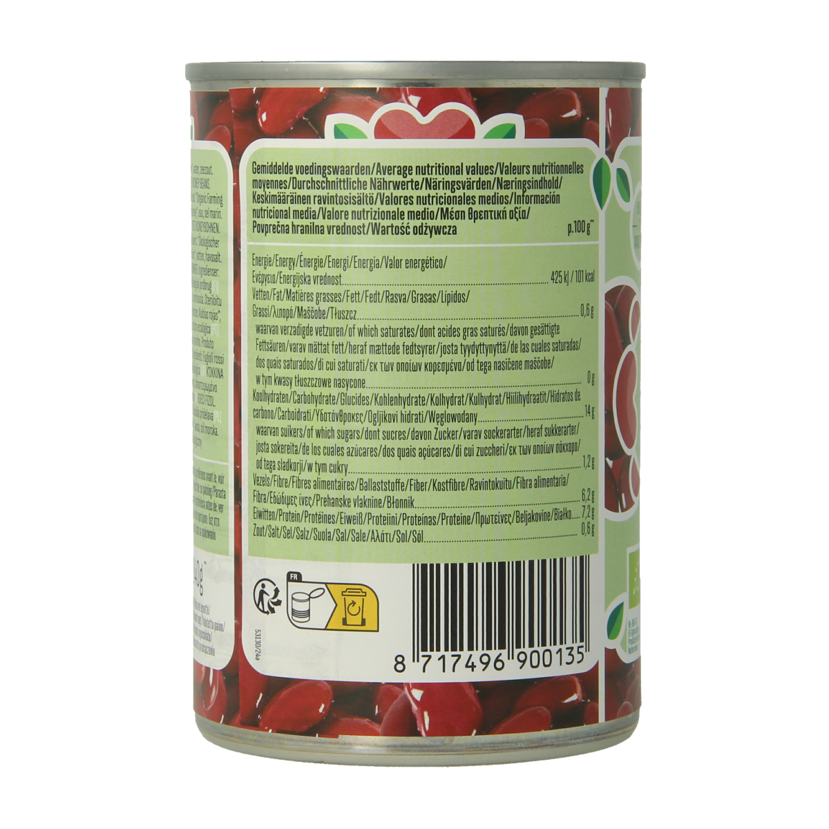 Bioidea Rode kidneybonen bio 400g in a clear package, fresh organic red kidney beans for cooking and healthy meals.