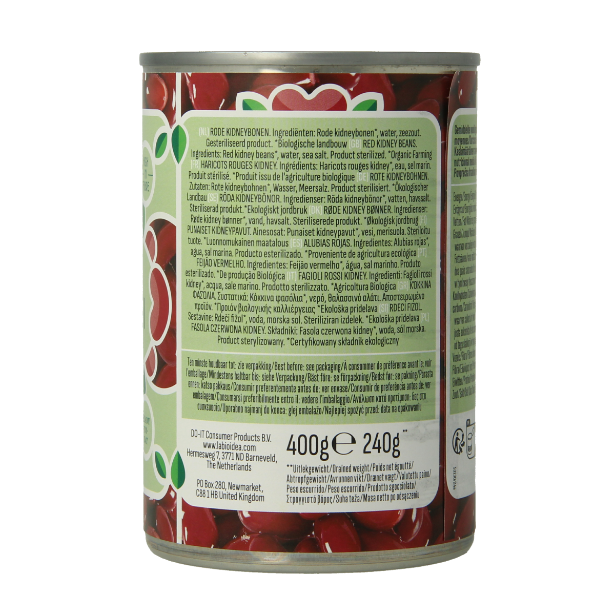 Bioidea Rode kidneybonen bio 400g, organic red kidney beans in a clear package, suitable for cooking and healthy meals.