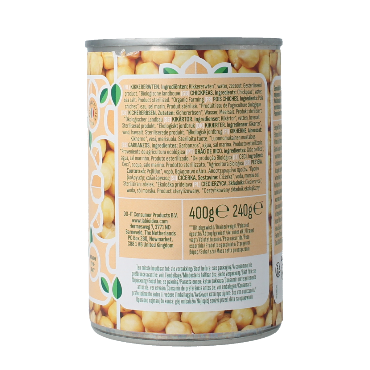Organic chickpeas by Bioidea in a 400g package, fresh and ready to cook, from the vegetable and fruit section.