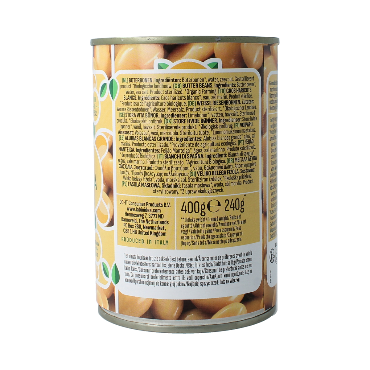 Bioidea organic limabonen (butter beans) in 400g package, fresh green legumes from Bioidea brand.