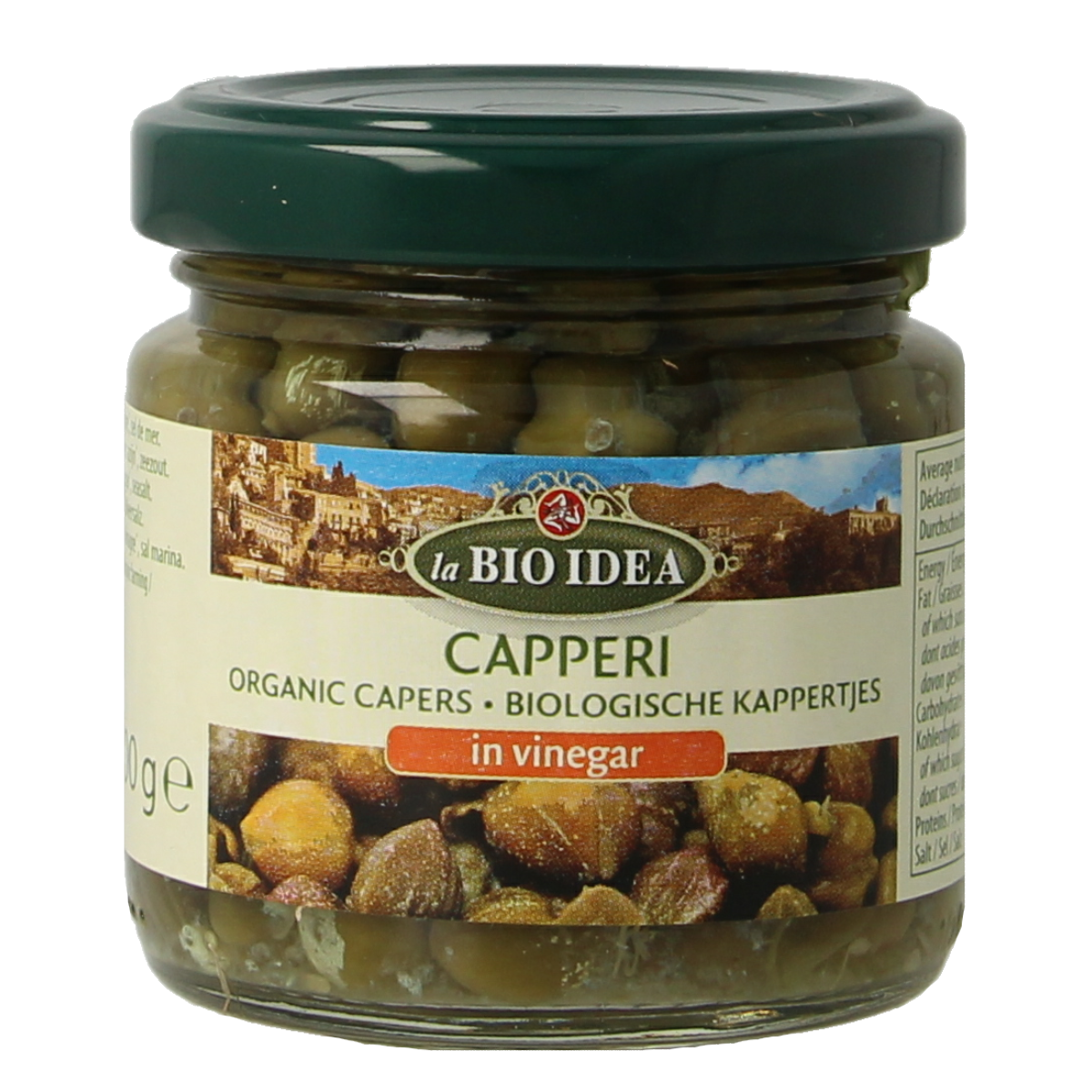Bioidea organic capers in a 100g package, fresh and green, perfect for adding flavor to dishes.