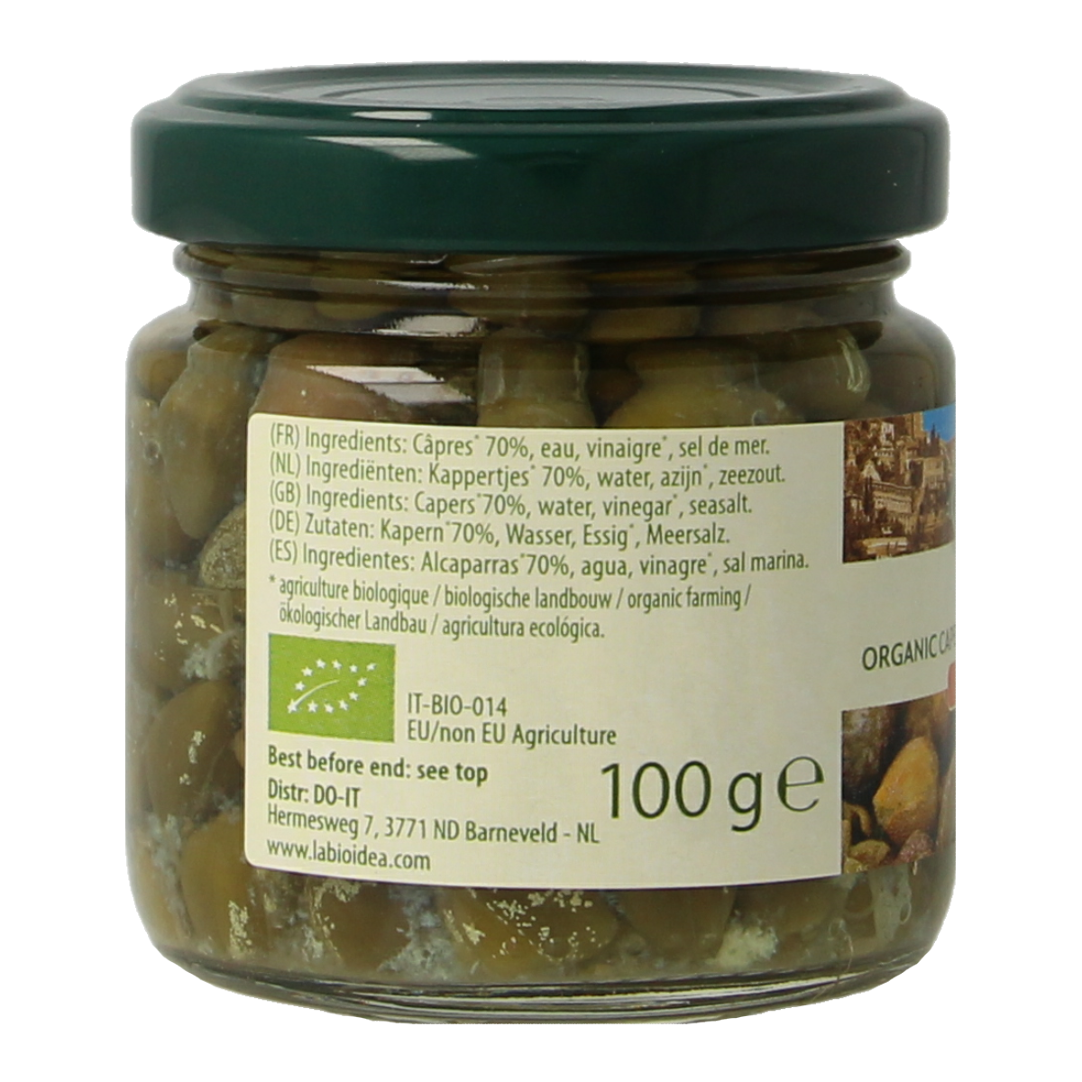 Organic Bioidea capers in a 100g jar, showcasing fresh, pickled green capers ideal for culinary use.