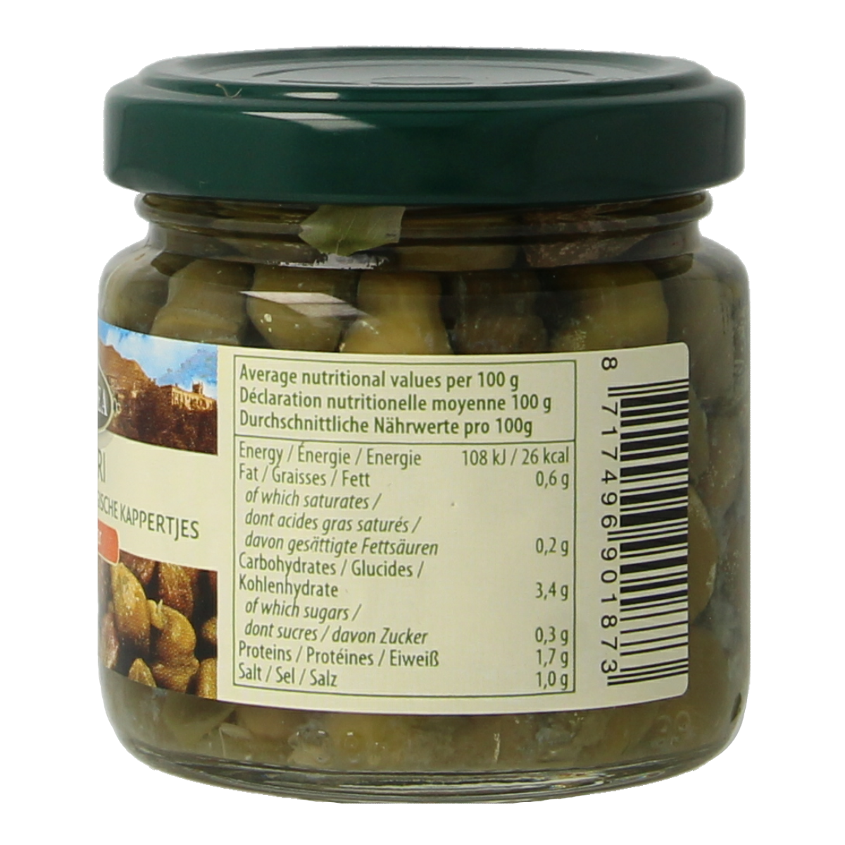 Bioidea organic capers in a 100g jar, fresh and green, from a vegetable and fruit product image.
