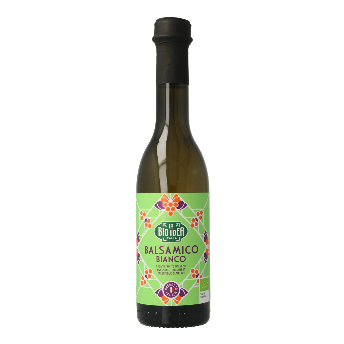 Bioidea Bio Balsamico Bianco sauce in 250ml bottle, organic white balsamic vinegar for flavorful dressings and cooking.