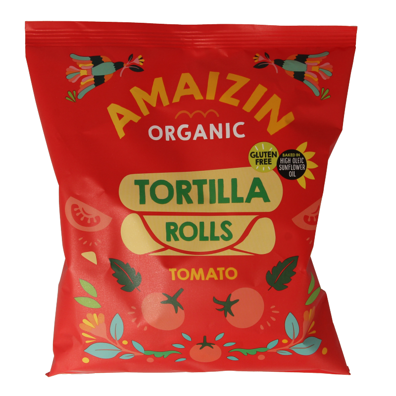 Amaizin organic corn rolls with tomato flavor, 100 grams, in a bag of chips and salty snacks.