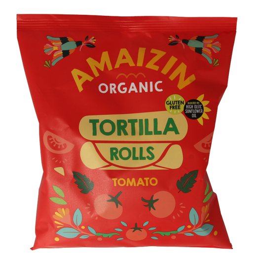 Amaizin organic corn rolls with tomato flavor, 100 grams, in a bag of chips and salty snacks.
