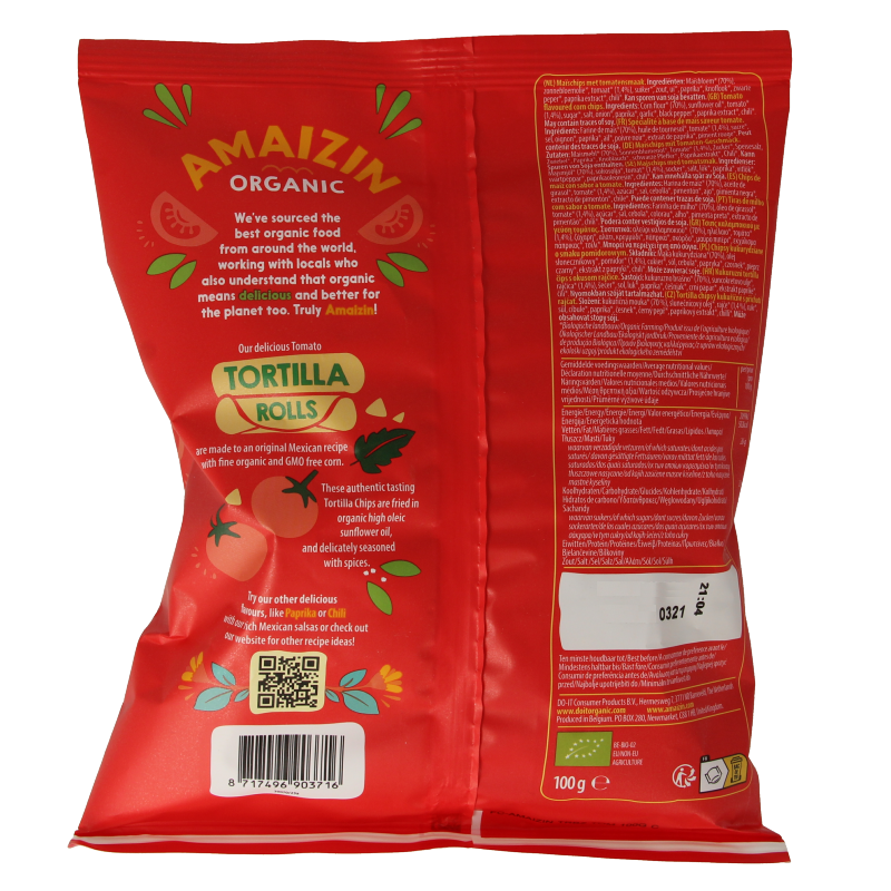 Amaizin organic corn rolls with tomato flavor, 100 grams, in a bag, part of chips and zoutjes snack selection.
