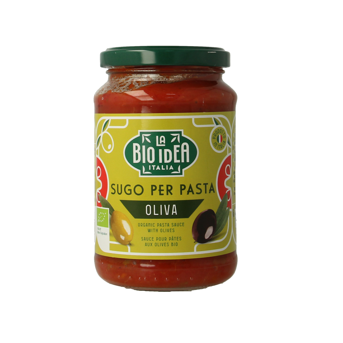 Bioidea organic olive pasta sauce in 340g jar, showcasing rich tomato and olive ingredients in a glass jar.