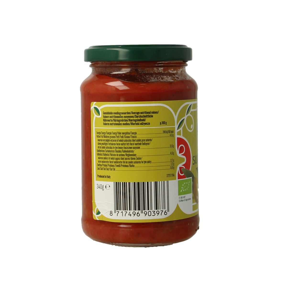 Bioidea organic olive pasta sauce jar, 340g, with visible olives and rich tomato-based sauce, ideal for pasta dishes.