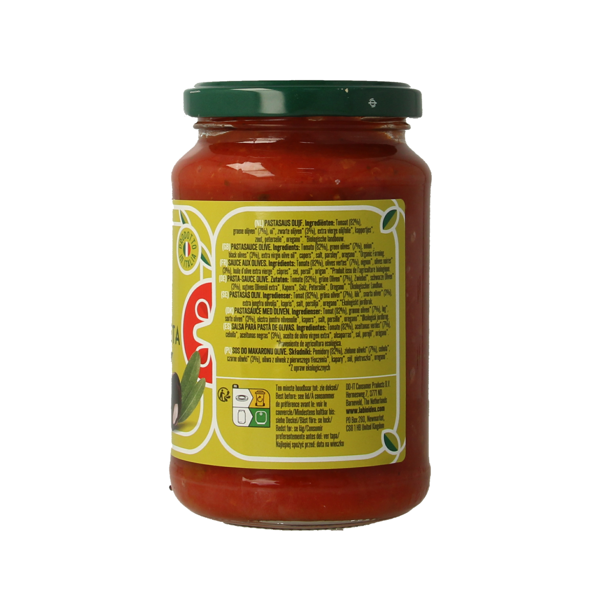 Bioidea organic olive pasta sauce in a 340g jar, showcasing a rich, flavorful sauce with visible olives and herbs.