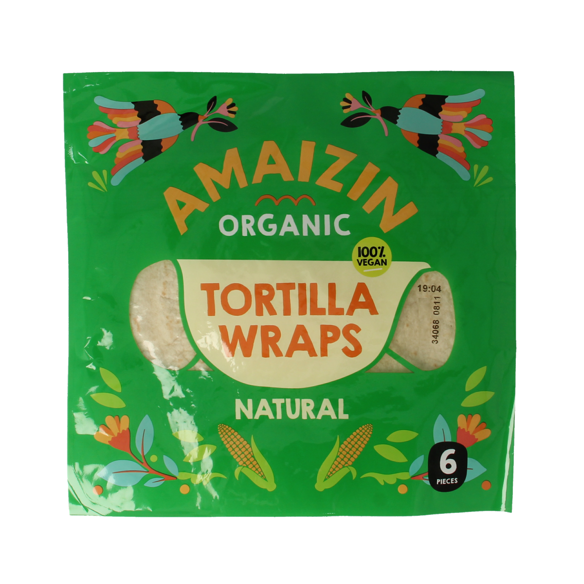 Organic Amaizin tortilla wraps for pizza and wraps, six-piece pack, showing fresh, soft whole grain wraps on a white background.