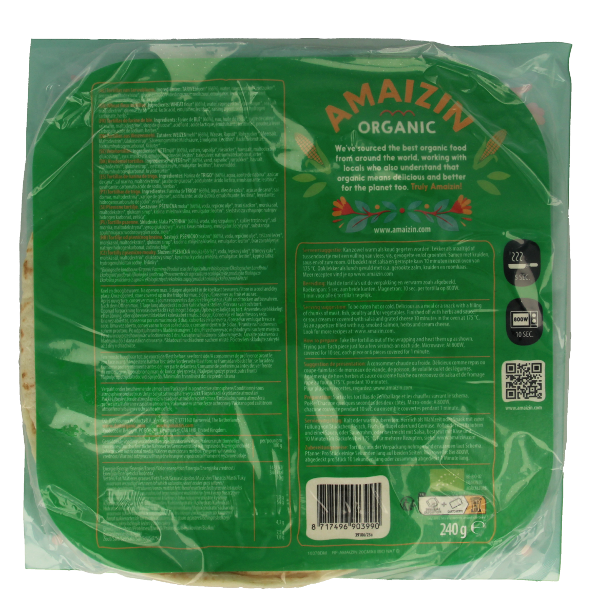 Amaizin bio tortilla wraps, 6 pieces, suitable for pizza and wraps, soft whole grain texture, natural and organic ingredients.