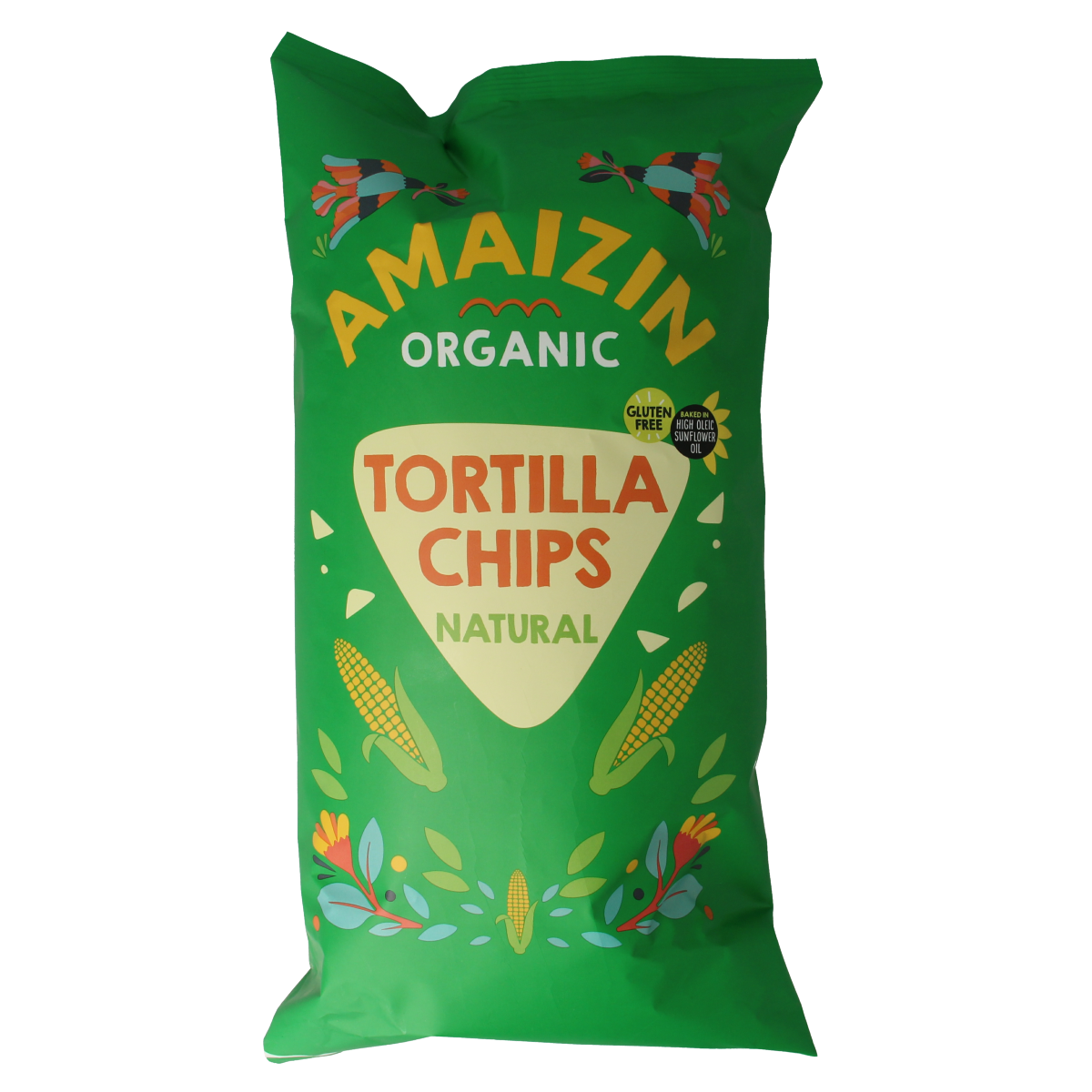 Amaizin natural bio corn chips in 250g bag, salty snack with crispy texture, gluten-free and organic ingredients.