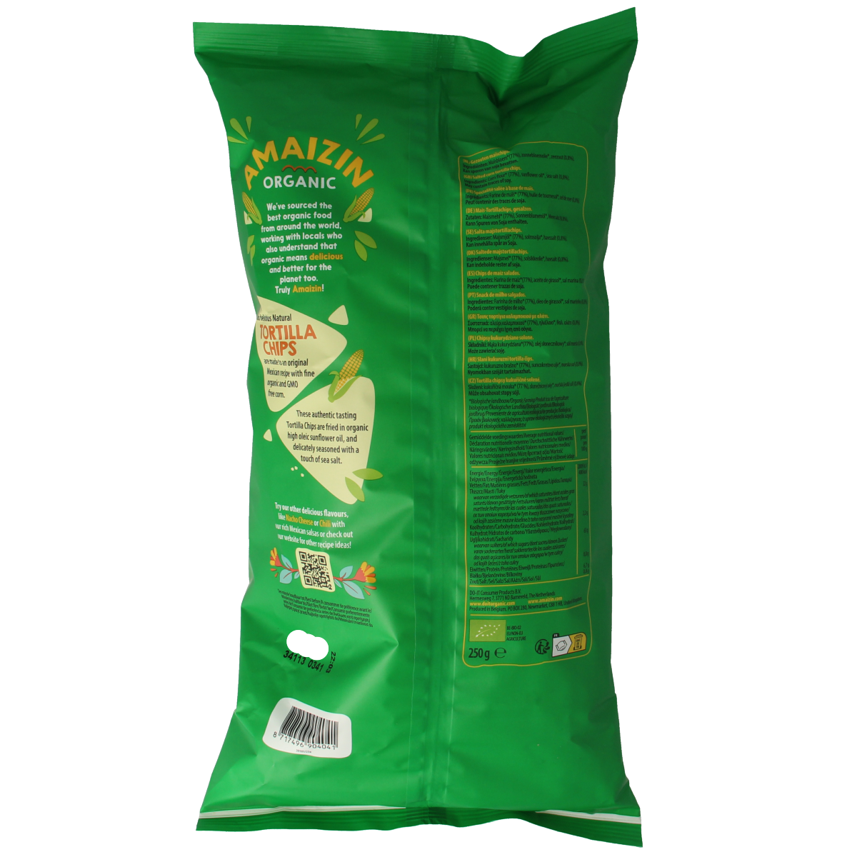 Amaizin natural bio corn chips in 250g bag, salty snack with crispy texture and golden color, made with organic ingredients.