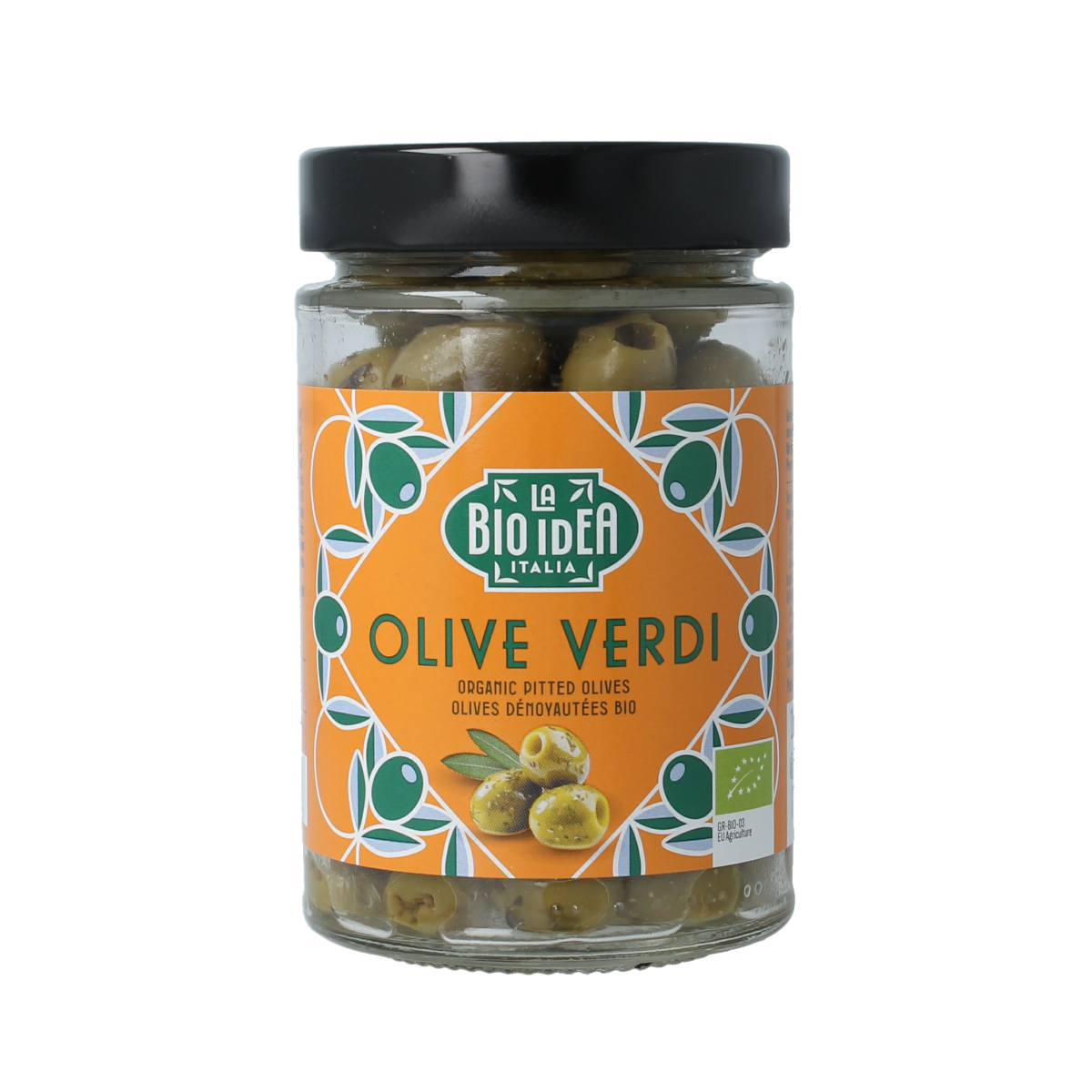 Green pitted organic olives from Bioidea in a 165g package, shown in a clear image showcasing the fresh, vibrant olives.