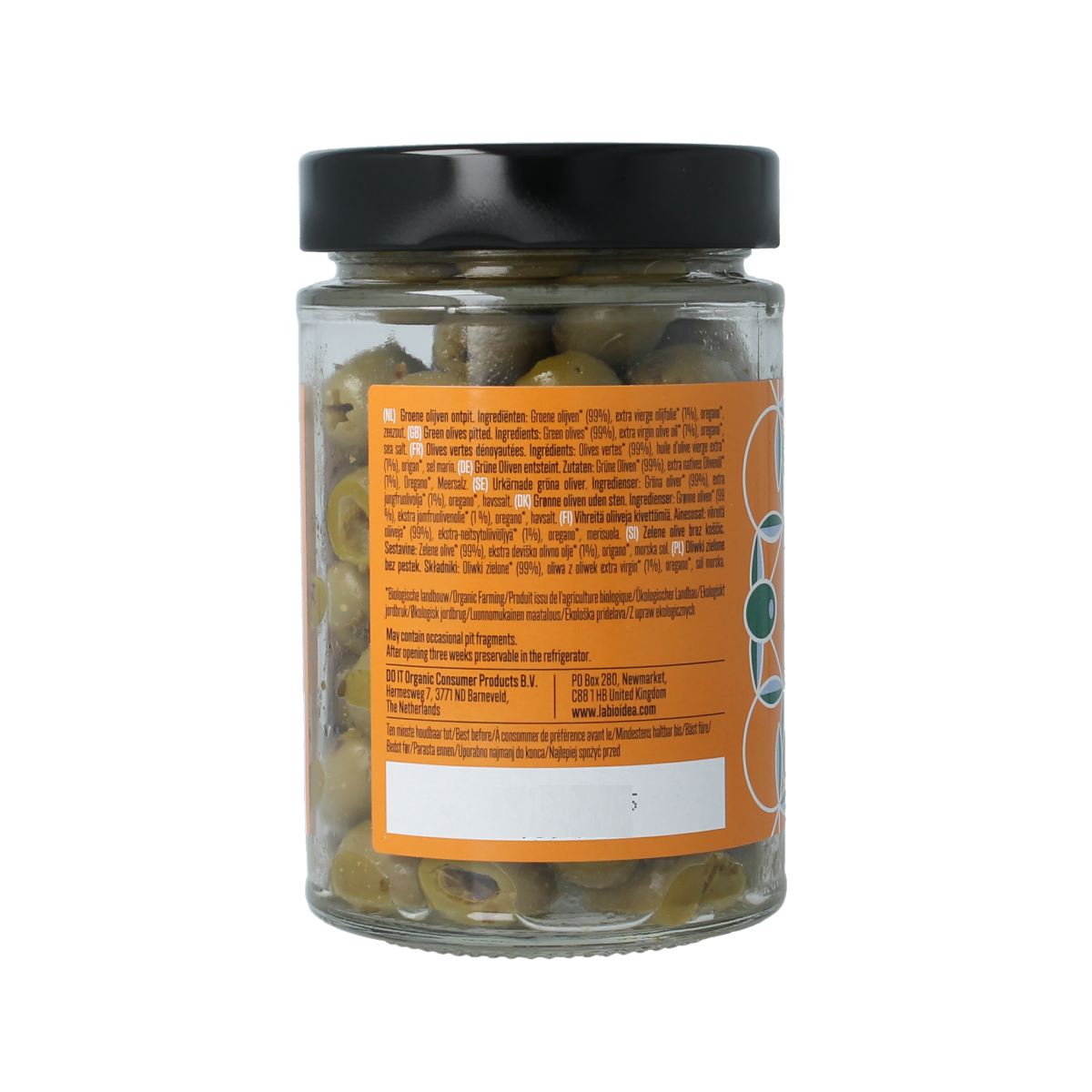 Green pitted organic olives from Bioidea displayed in a clear bowl on a white background.