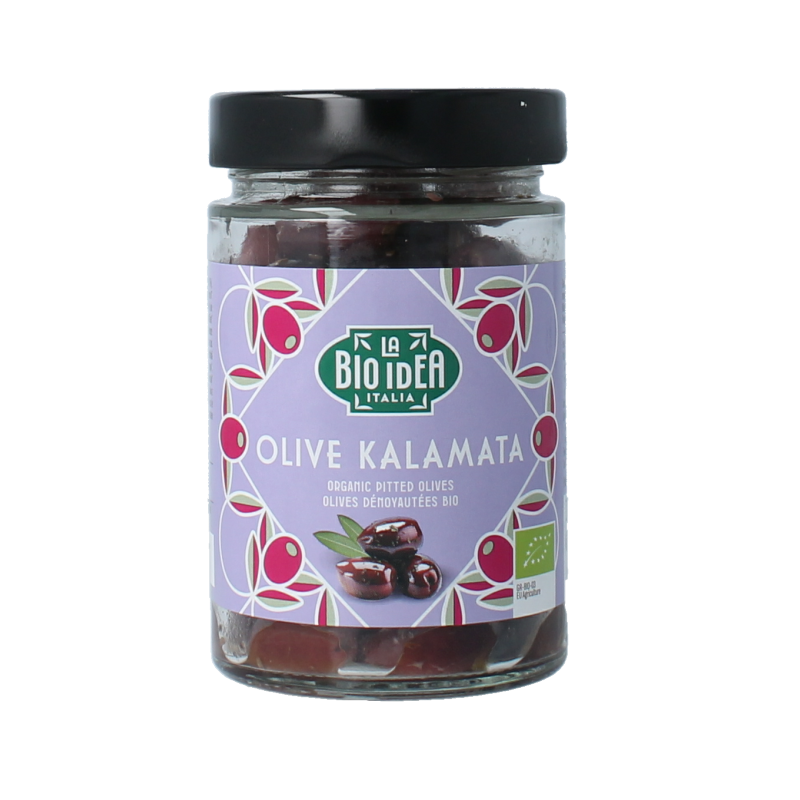 Bioidea black Kalamata pitted olives in 180g jar, fresh and ripe, showcasing shiny dark olives ready to eat.