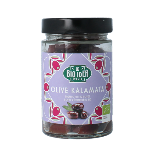 Bioidea black Kalamata pitted olives in 180g jar, fresh and ripe, showcasing shiny dark olives ready to eat.