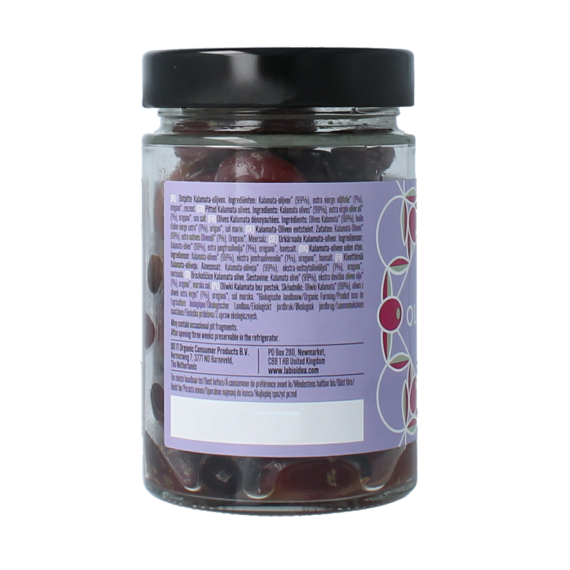 Black Kalamata olives in a 180g jar by Bioidea, featuring pitted, organic olives with a shiny, dark appearance.