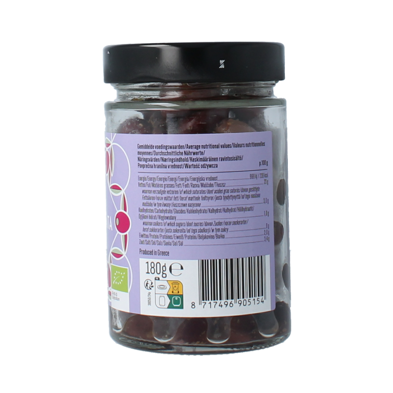 Black Kalamata pitted olives in a 180g jar from Bioidea, with fresh, shiny olives visible in the image.