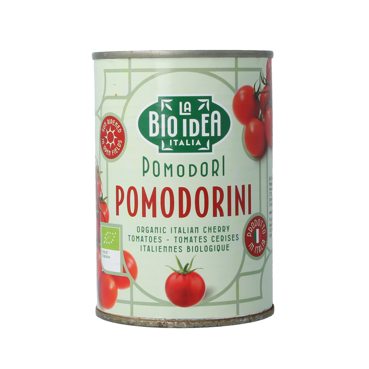 Canned La Bio Idea organic cherry tomatoes in a 400g can, fresh and ripe, ready for cooking or salads.