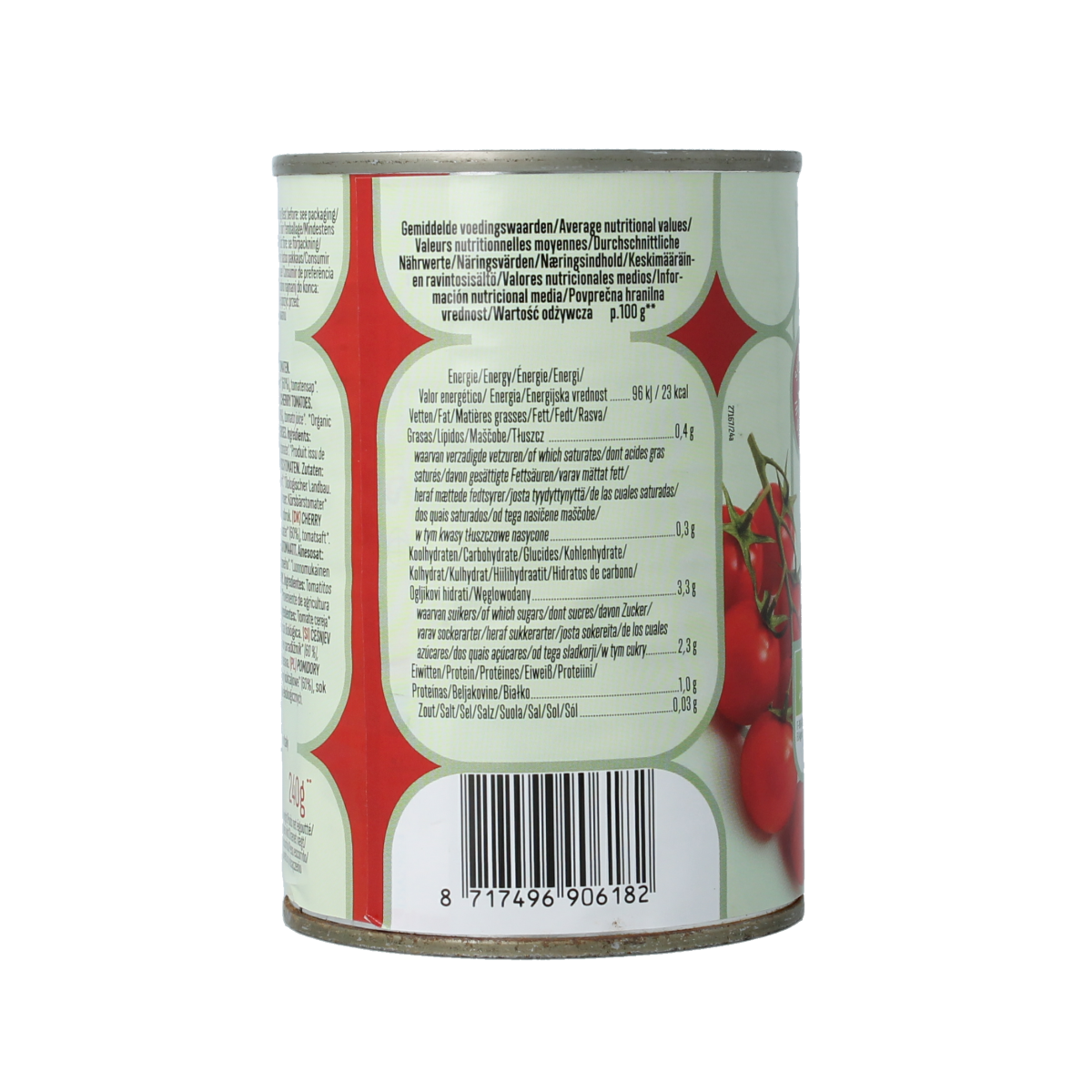 Canned La Bio Idea organic cherry tomatoes in a 400g metal can, fresh and ripe, ready for cooking or salads.