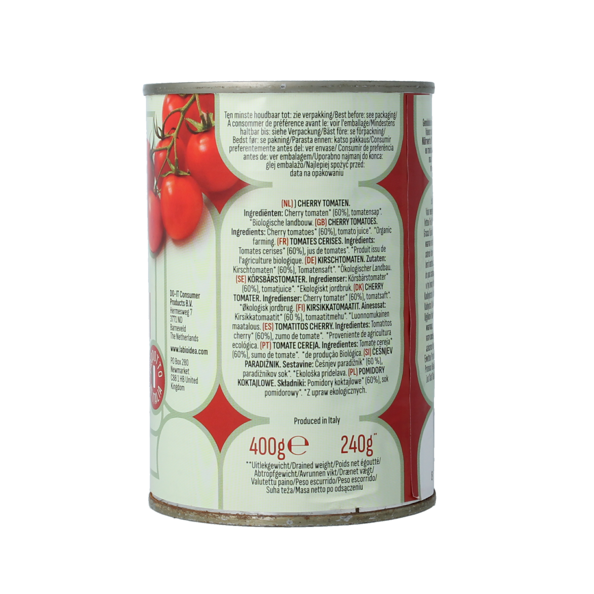 Canned La Bio Idea cherry tomatoes in 400g bio tin, fresh and ripe, ready for cooking or salads.