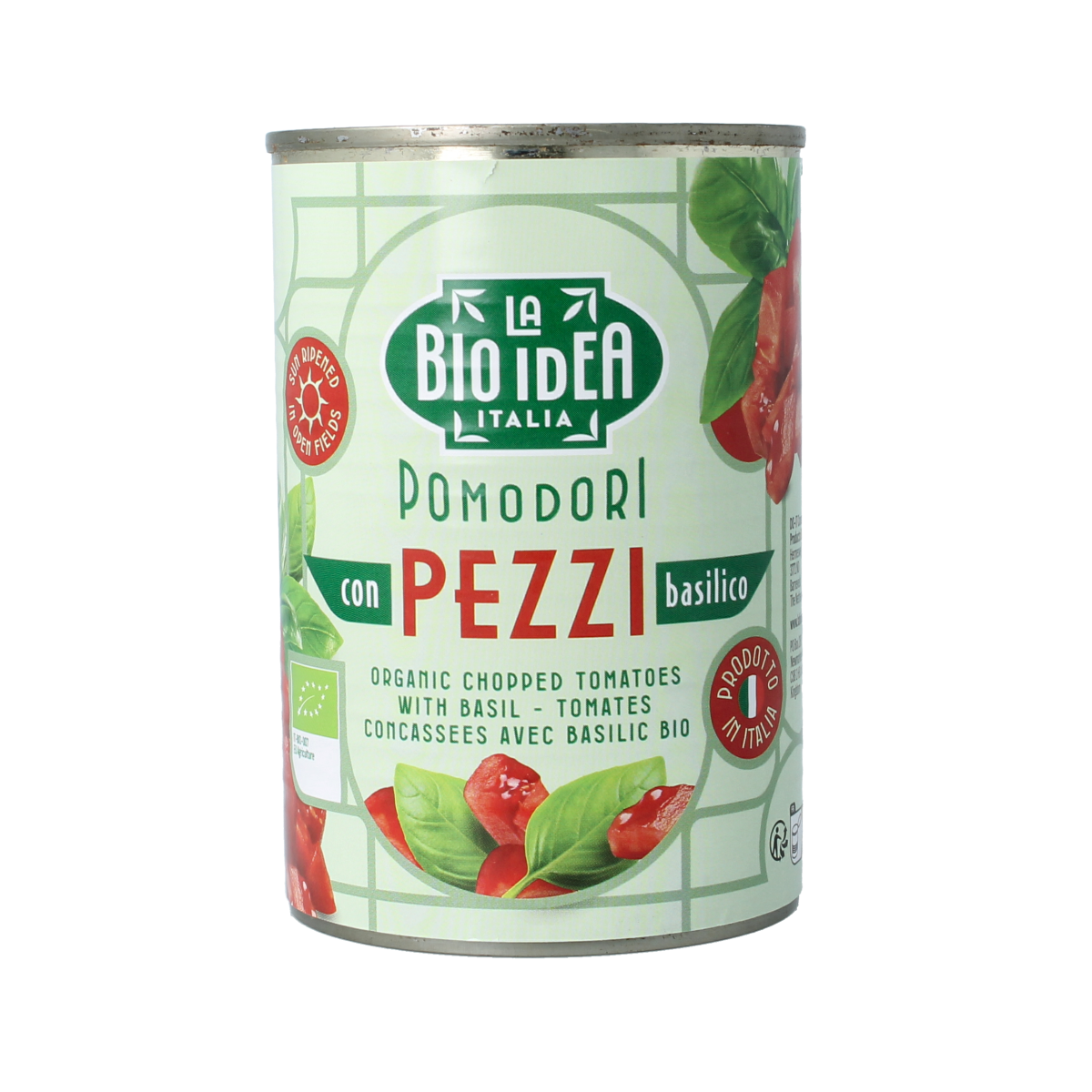 Organic Bioidea tomato chunks with basil in a 400g package, ideal for cooking and adding fresh flavor to dishes.