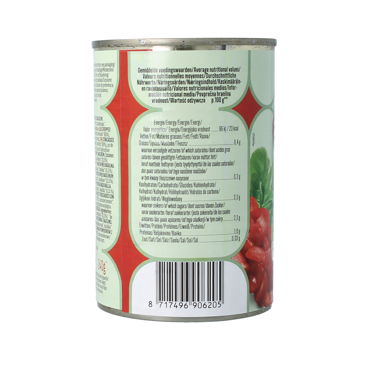 Organic Bioidea tomato pieces with basil in a 400g package, ideal for cooking and adding fresh flavor to dishes.