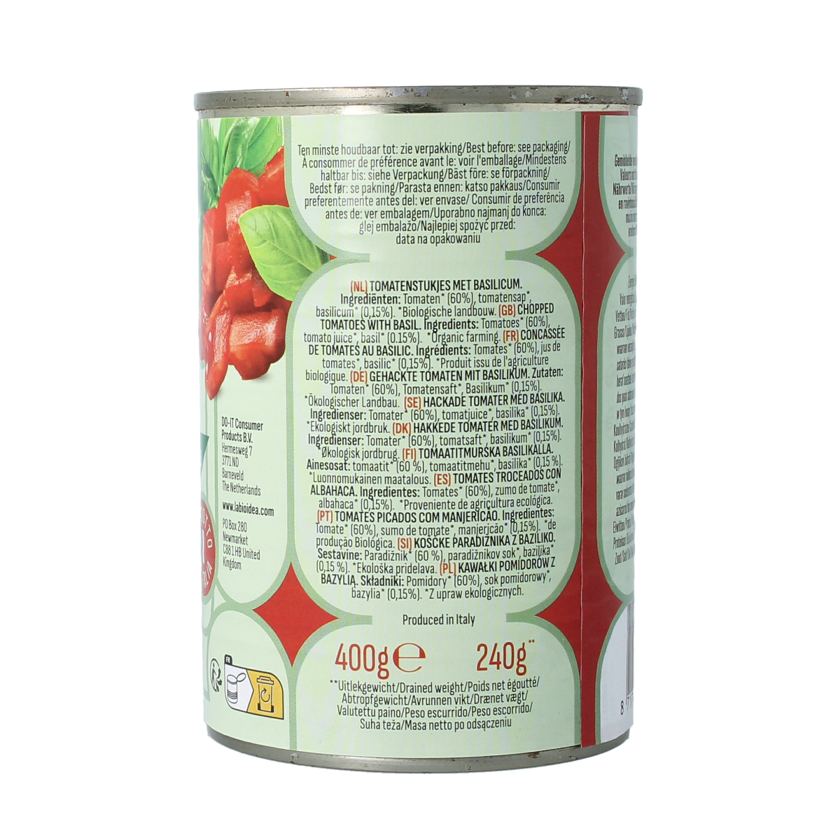 Bioidea organic tomato pieces with basil in a 400g package, fresh and ready for cooking or garnishing.