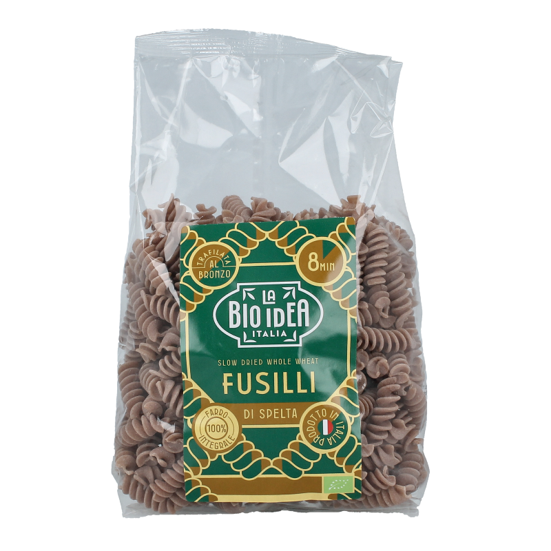 Bioidea organic spelt fusilli pasta in 500g package, showcasing the pasta's spiral shape and natural light color.