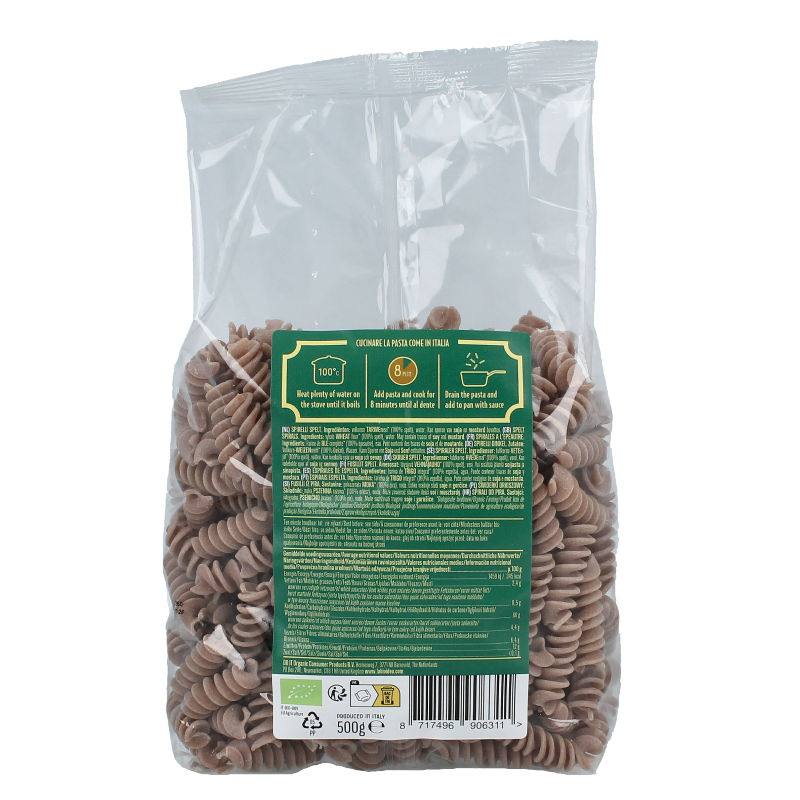 Bioidea organic spelt fusilli pasta 500g, gluten-free rice pasta with spiral shape, healthy and natural grain product.