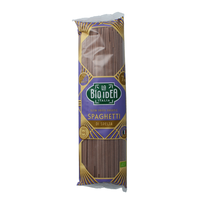 Bioidea organic spelt spaghetti pasta, 500g, showing uncooked whole spelt pasta strands on a white background.